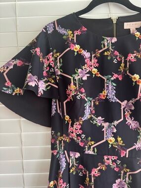 Ted Baker Black Floral Hex-Detail Dress